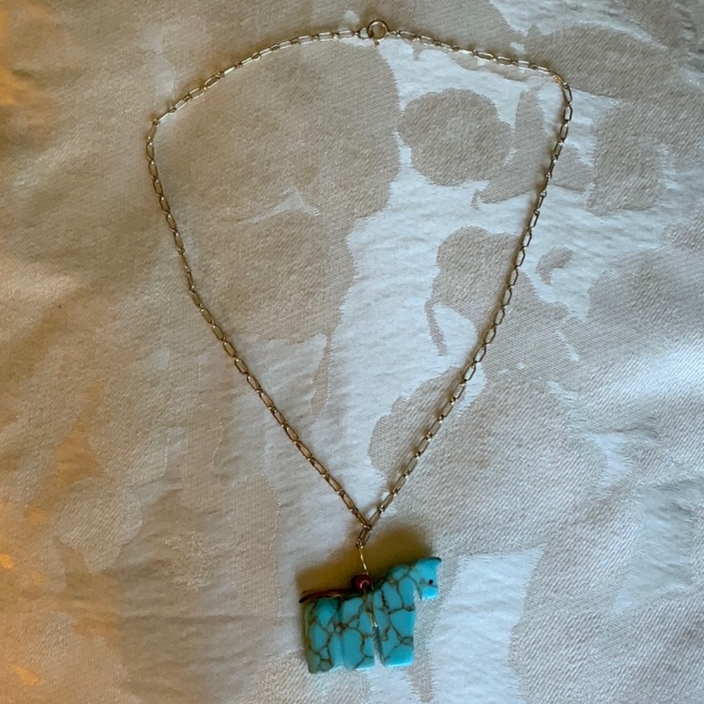 Hand-carved Turquoise Zuni Horse Fetish on Silver Chain Necklace